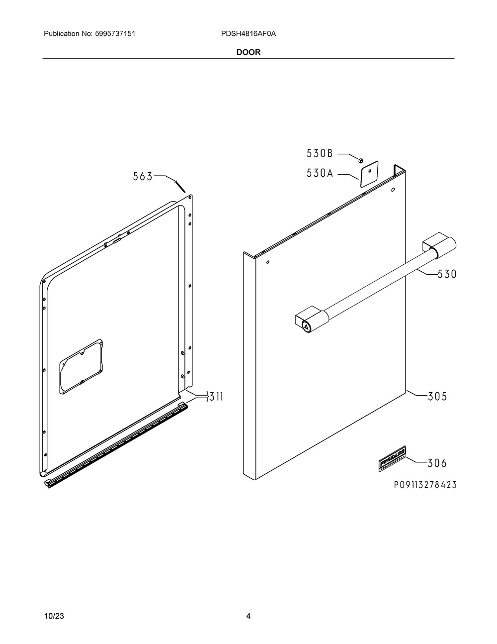Door Diagram and Parts List for PDSH4816AF0A  Frigidaire Dishwasher