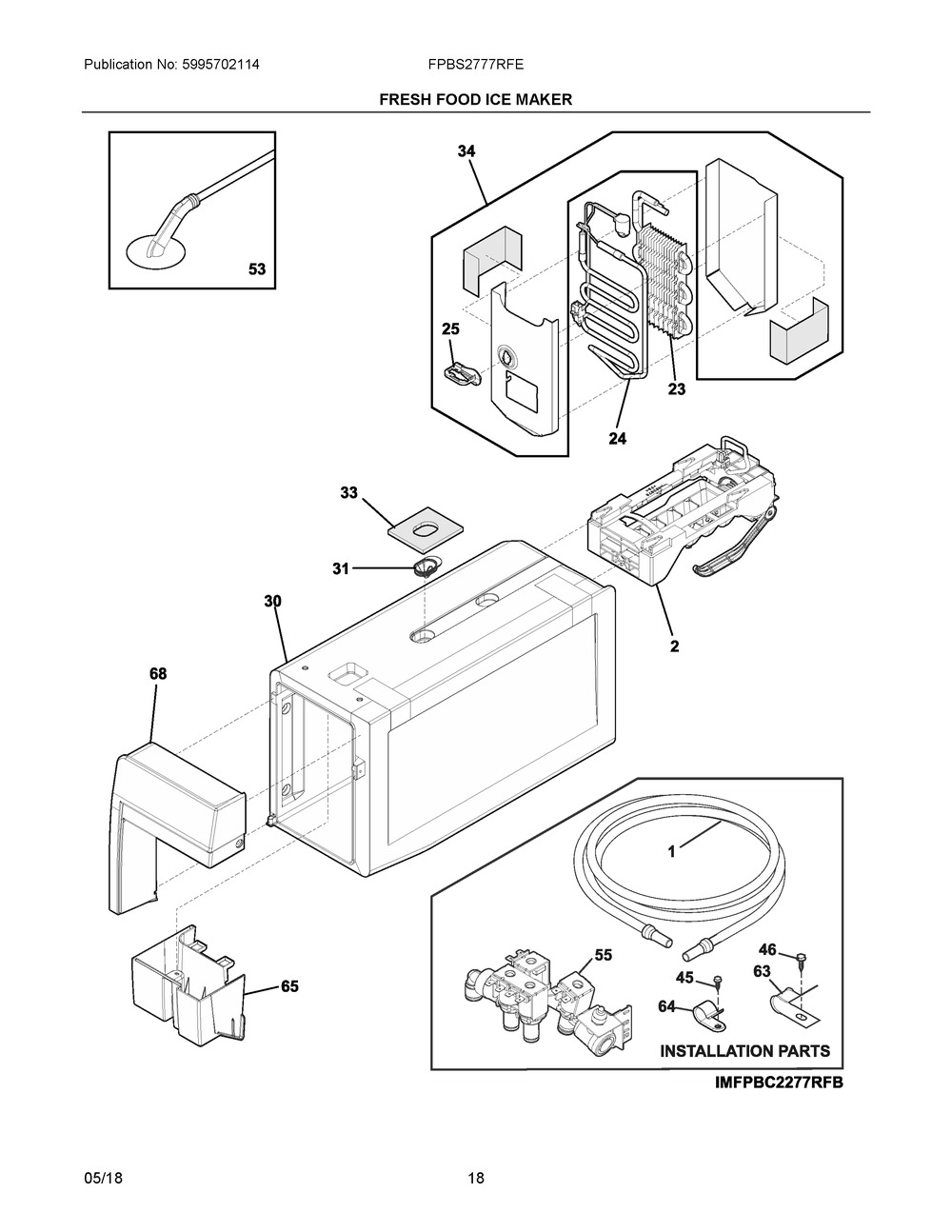 Fresh Food Ice Maker Diagram and Parts List for FPBS2777RFE  Frigidaire Refrigerator