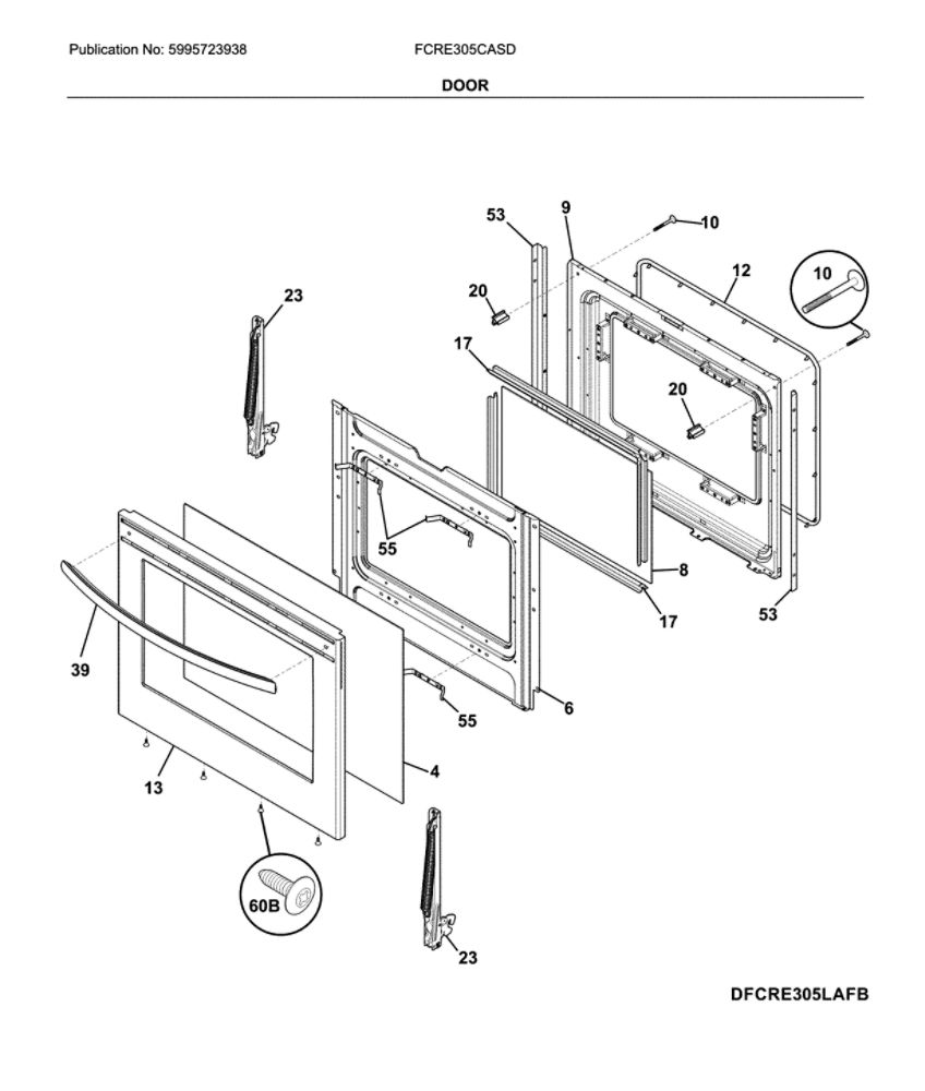 Door Diagram and Parts List for FCRE305CASD  Frigidaire Range