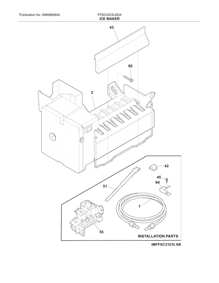 Ice Maker Diagram and Parts List for FFSC2323LSDA  Frigidaire Refrigerator