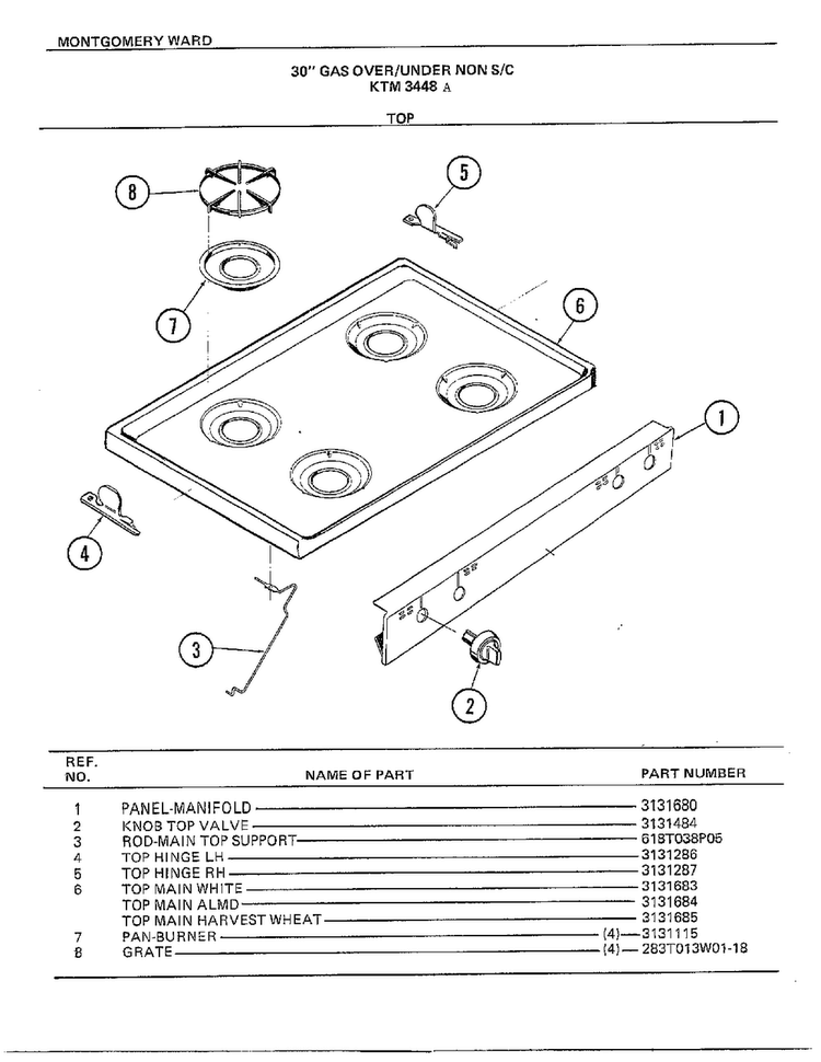 30" Gas Over/under Top Diagram and Parts List for 3448A  Frigidaire Range