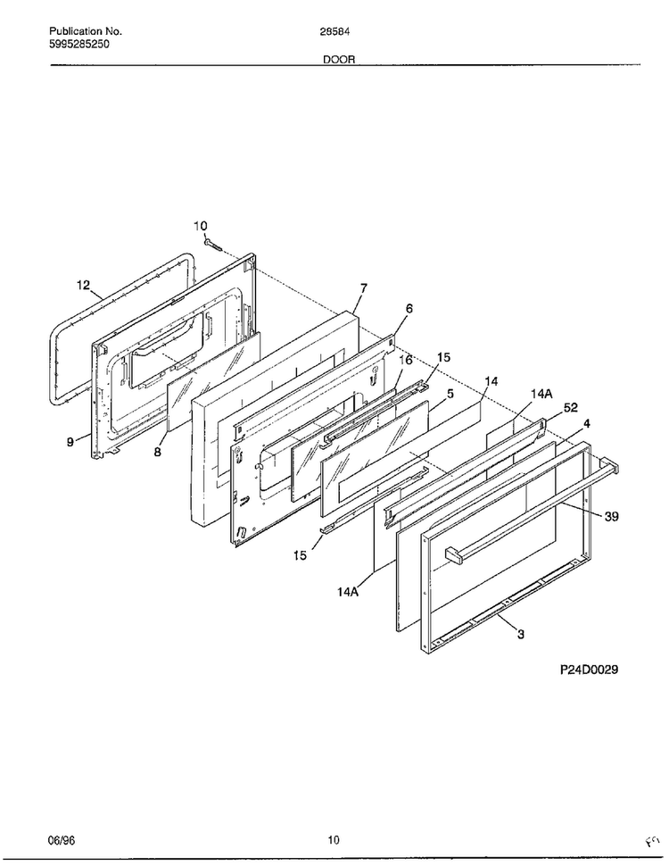 Door Diagram and Parts List for 285847D  Frigidaire Range