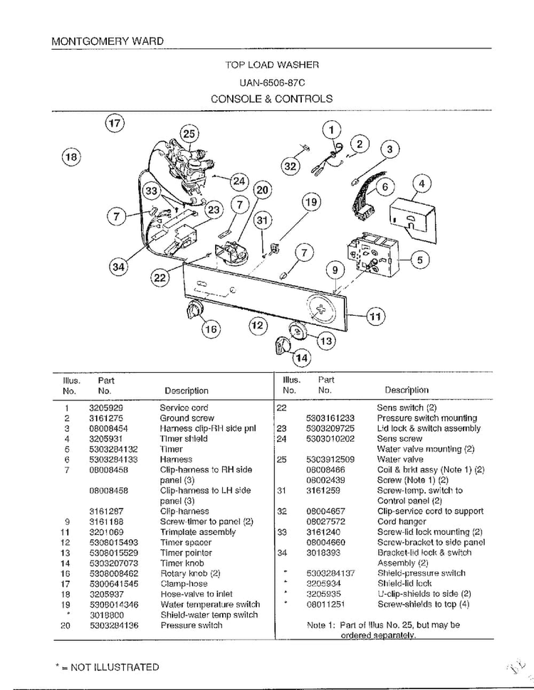 Console And Controls Diagram and Parts List for 6506-87C  Frigidaire Washer