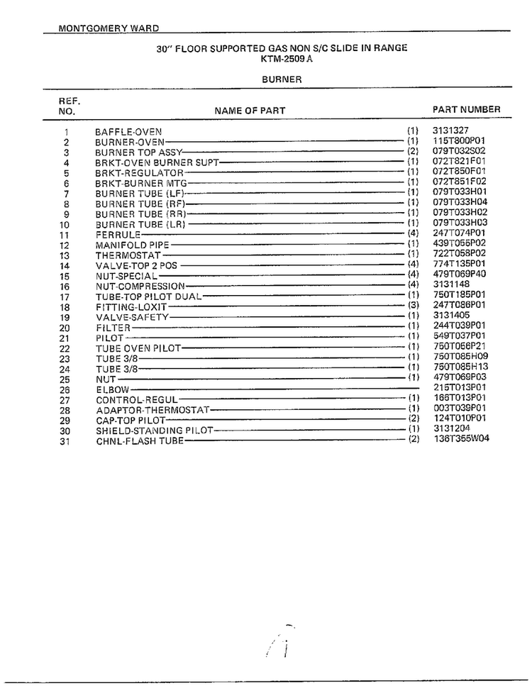 30" Floor Gas/burner Page 2 Diagram and Parts List for 2509A  Frigidaire Range