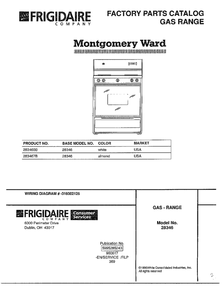 Gas Range Front Cover Diagram and Parts List for 283460B  Frigidaire Range