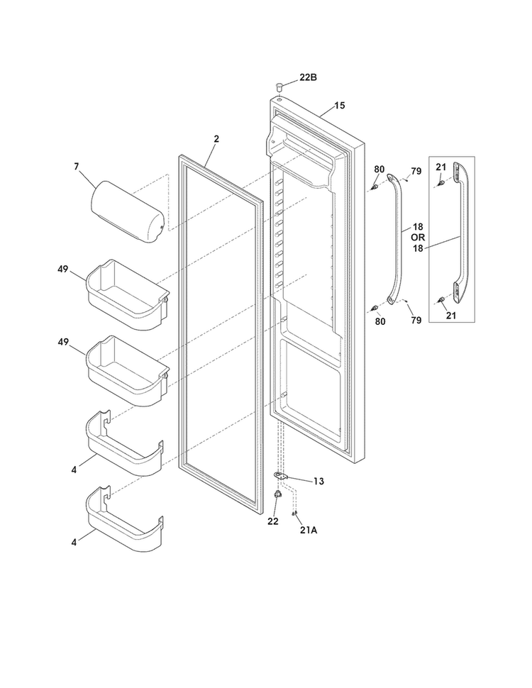 Refrigerator Door Diagram and Parts List for FFHS2322MW7  Frigidaire Refrigerator