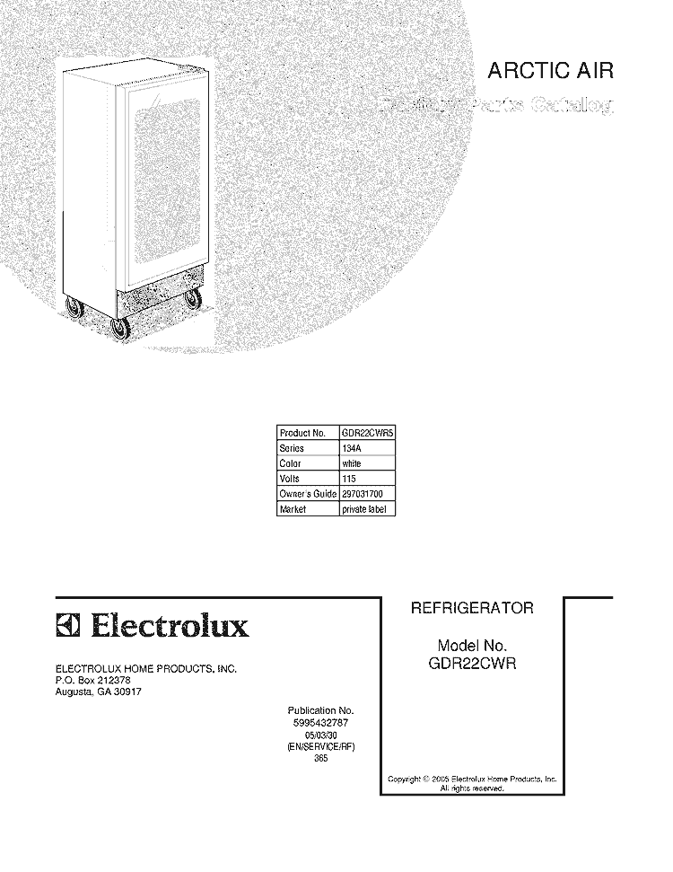 COVER Diagram and Parts List for GDR22CWR5  Frigidaire Refrigerator