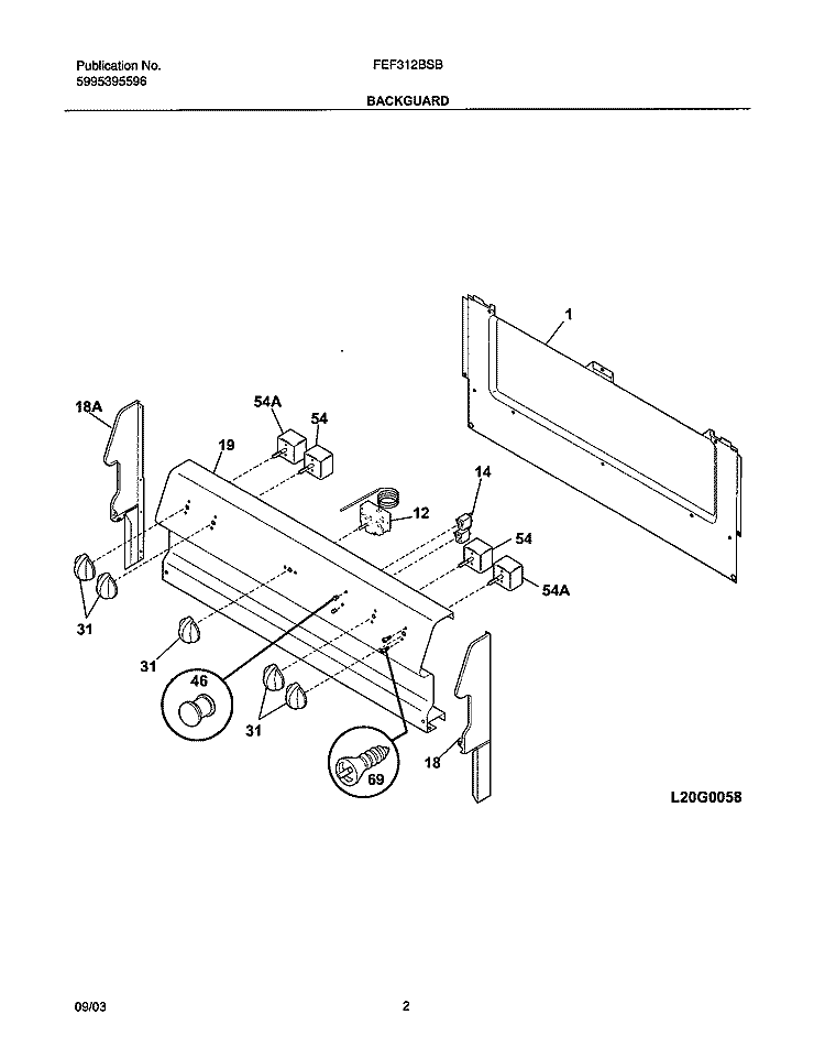 BACKGUARD Diagram and Parts List for FEF312BSB  Frigidaire Range