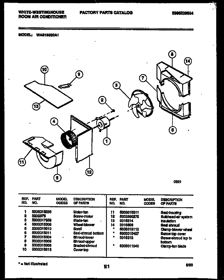 AIR HANDLING PARTS Diagram and Parts List for WAS183S2A1  Frigidaire Air Conditioner