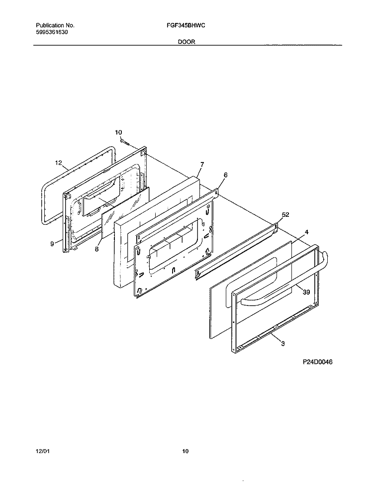DOOR Diagram and Parts List for FGF345BHWC  Frigidaire Range