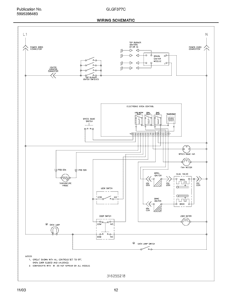 WIRING SCHEMATIC Diagram and Parts List for GLGF377CQB  Frigidaire Range
