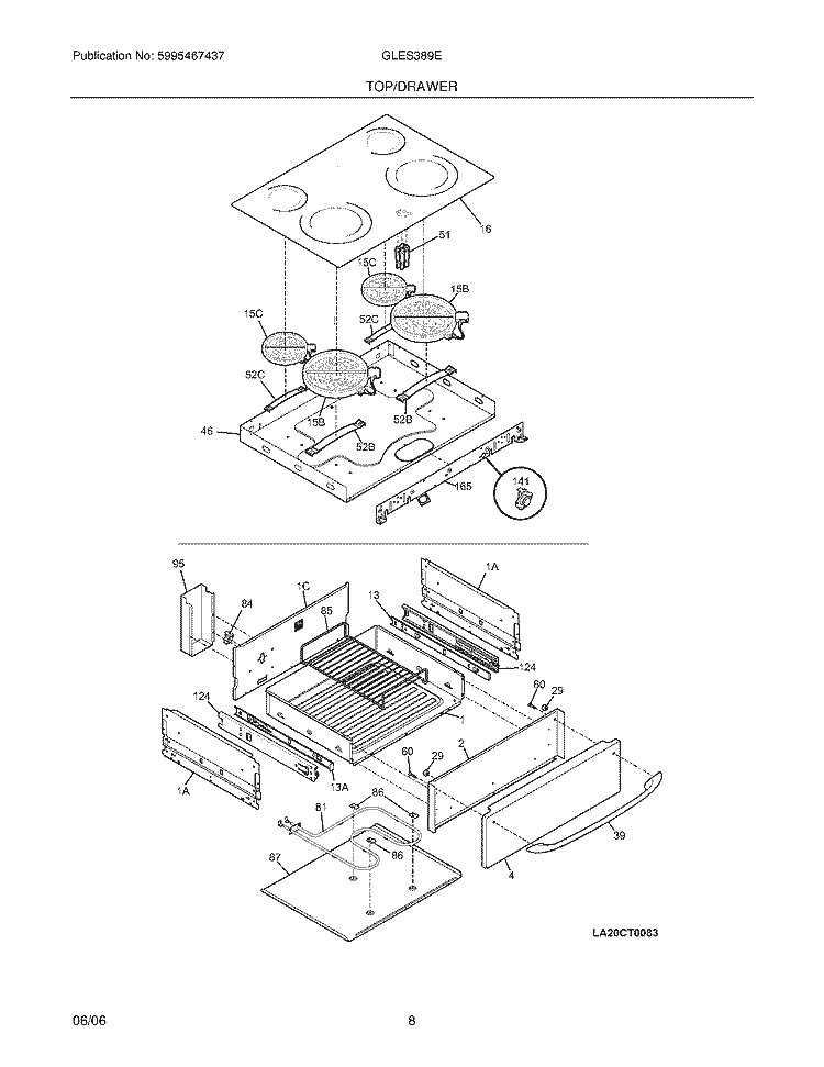 TOP / DRAWER Diagram and Parts List for GLES389EBE  Frigidaire Range