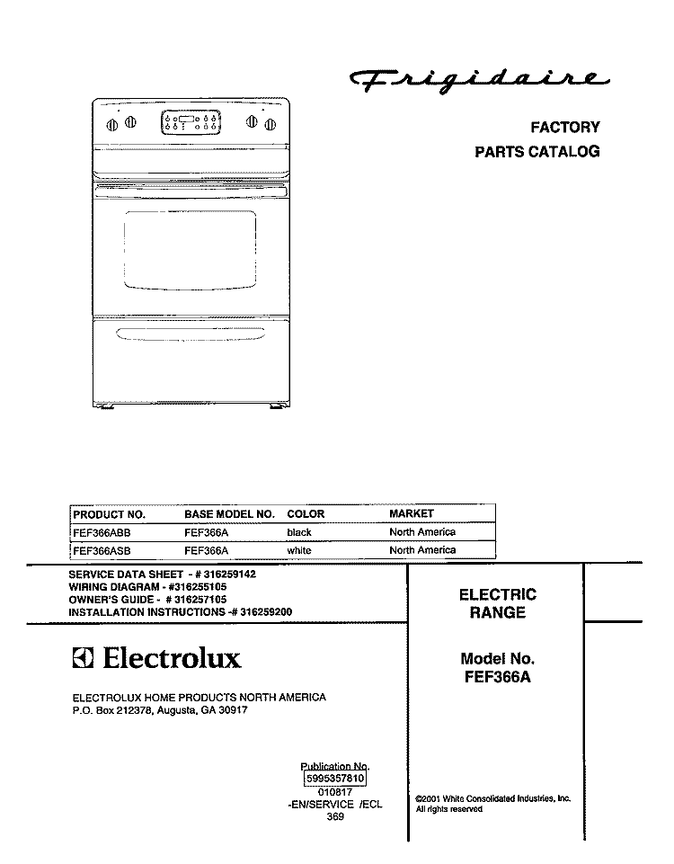 COVER Diagram and Parts List for FEF366ASB  Frigidaire Range