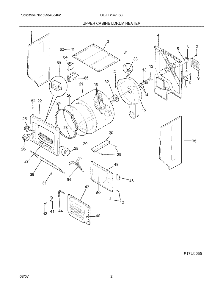 UPPER CABINET / DRUM HEATER Diagram and Parts List for GLGT1142FS0  Frigidaire Washer Dryer Combo