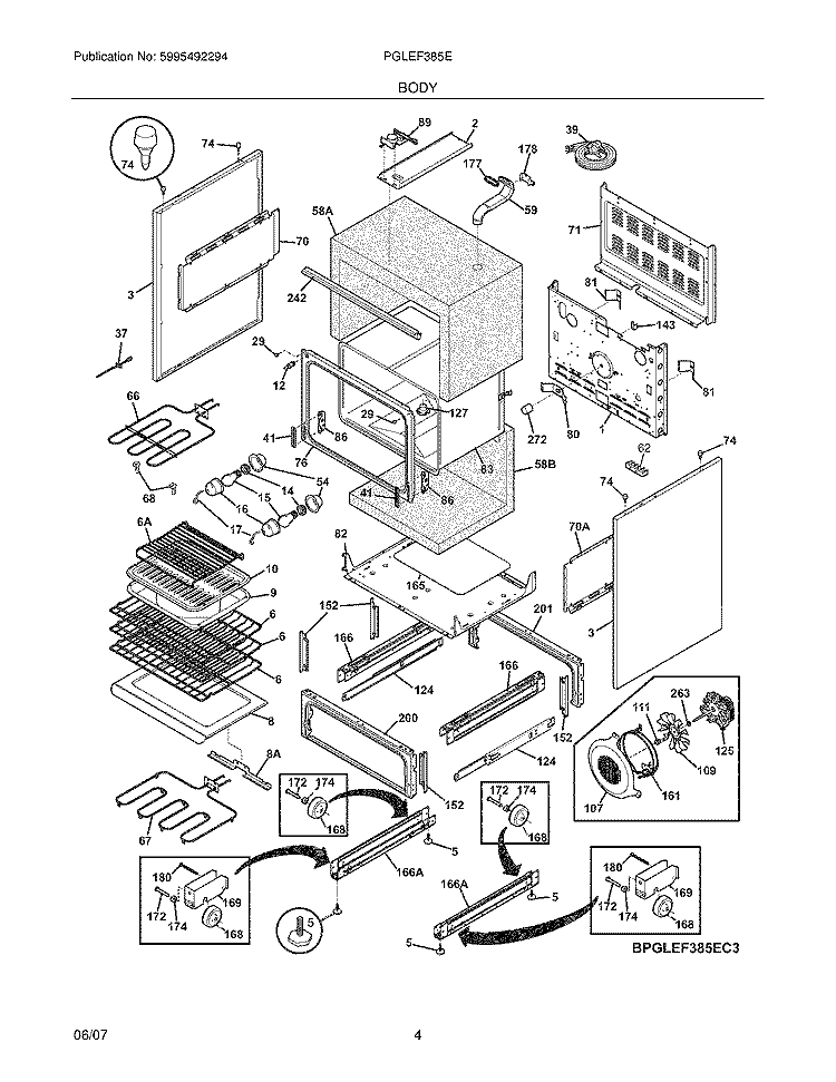 BODY Diagram and Parts List for PGLEF385EB5  Frigidaire Range