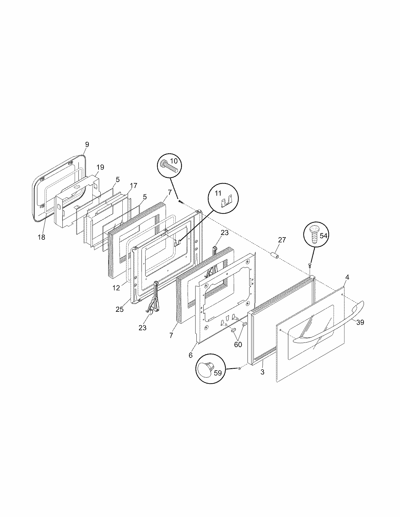 Door Diagram and Parts List for 79040524400  Kenmore Wall Oven
