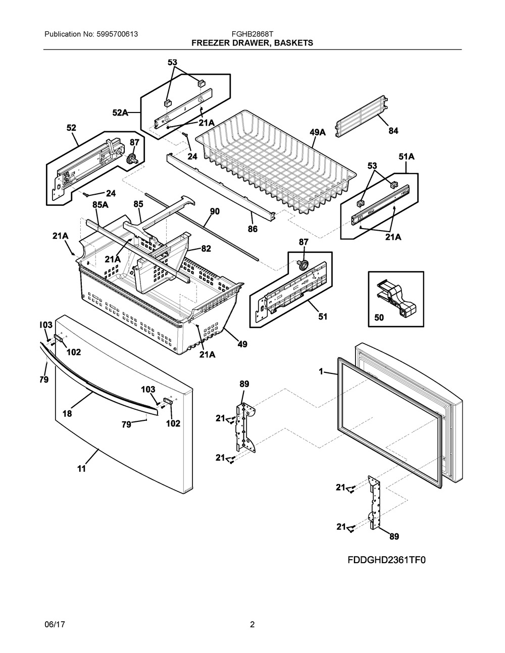 Freezer Drawer, Baskets Diagram and Parts List for FGHB2868TF0  Frigidaire Refrigerator