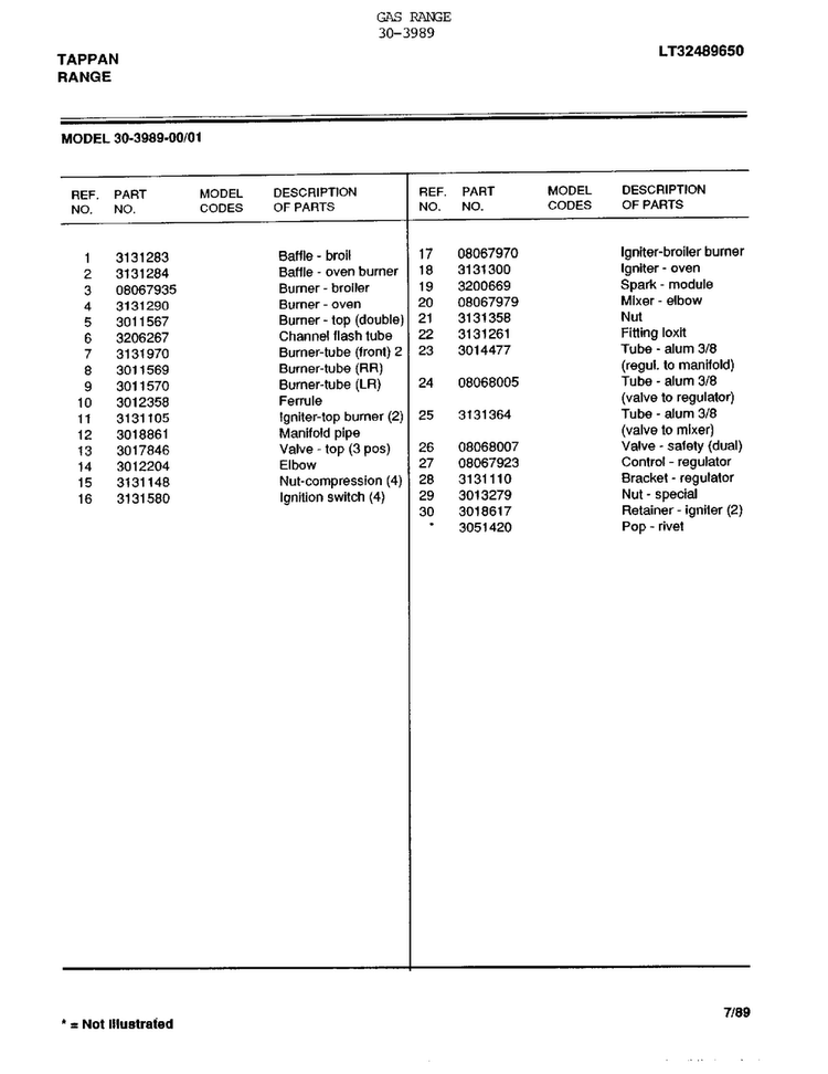 Gas Range Page 7 Diagram and Parts List for 30-3989  Frigidaire Range