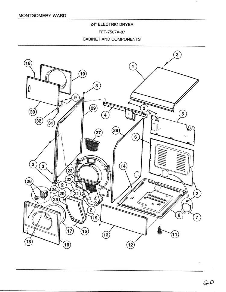 Cabinet And Components Diagram and Parts List for 7507A  Frigidaire Dryer