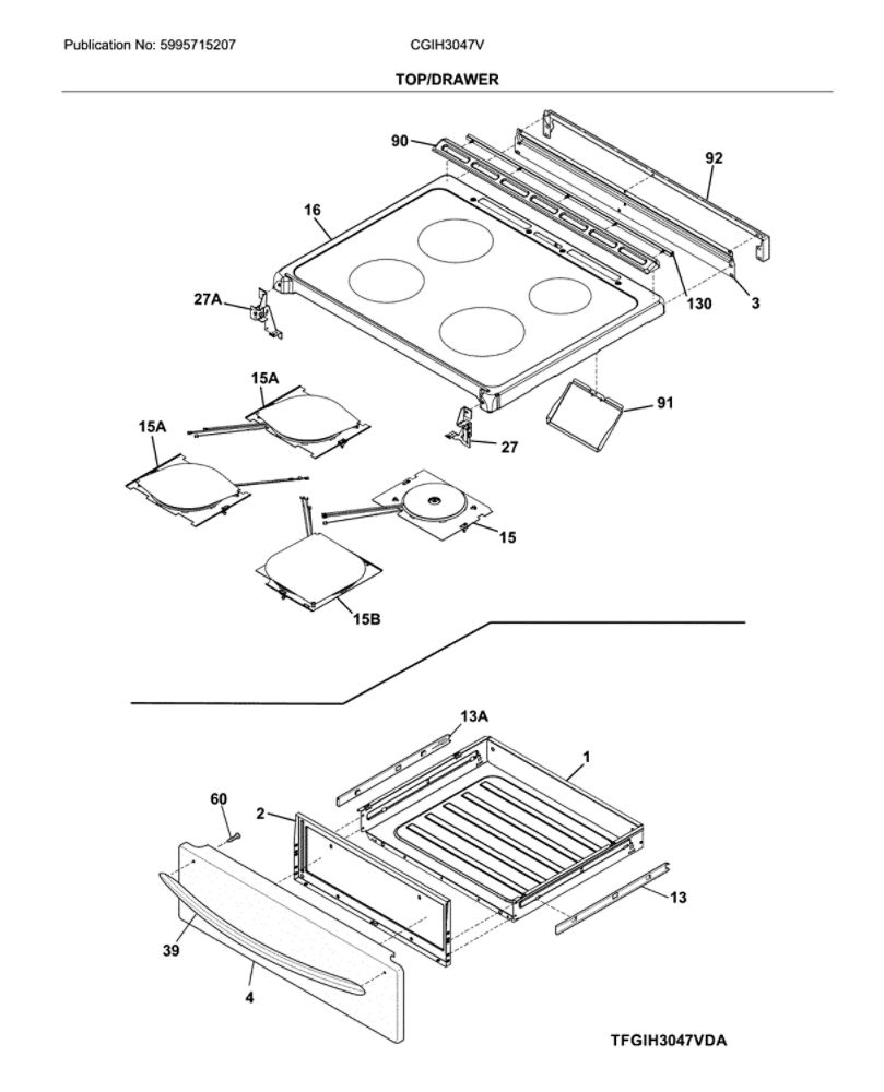 Top/Drawer Diagram and Parts List for CGIH3047VDA  Frigidaire Range