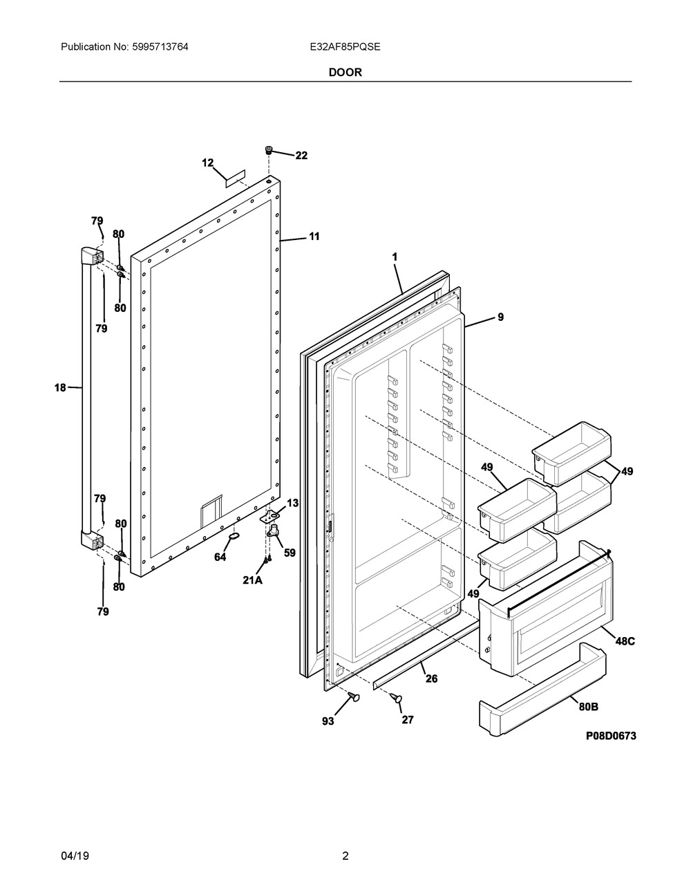 Door Diagram and Parts List for E32AF85PQSE  Frigidaire Freezer