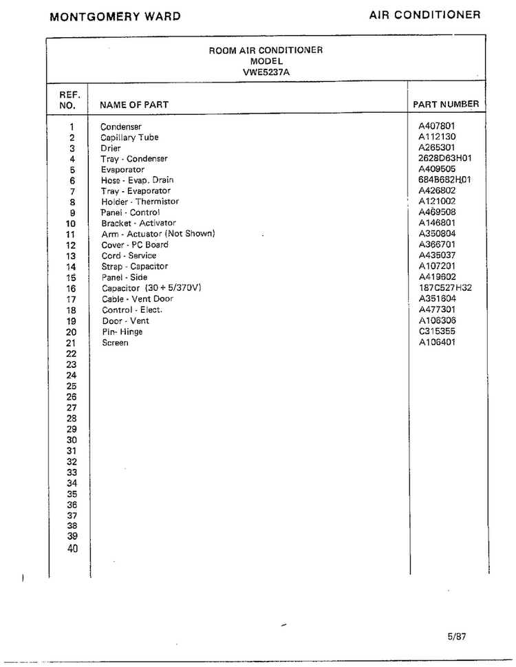 Room Air Conditioner Page 4 Diagram and Parts List for 5237A  Frigidaire Air Conditioner