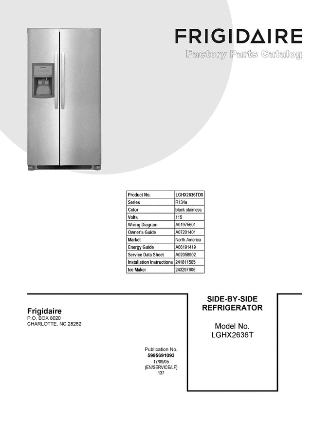 01 - Cover Sheet Diagram and Parts List for LGHX2636TD0  Frigidaire Refrigerator