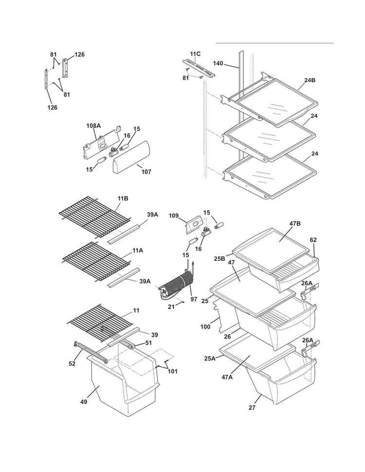 Shelves Diagram and Parts List for DGUS2635LP2  Frigidaire Refrigerator