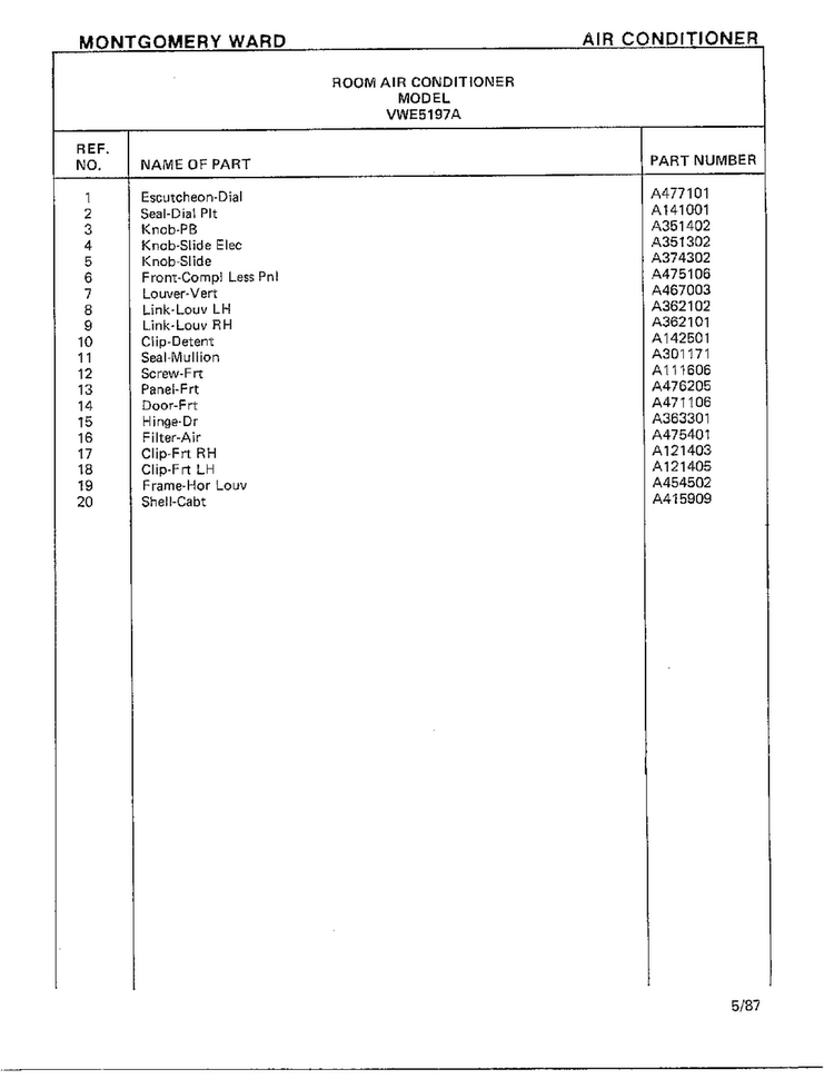 Air Conditioner Page 2 Diagram and Parts List for 5197A  Frigidaire Air Conditioner