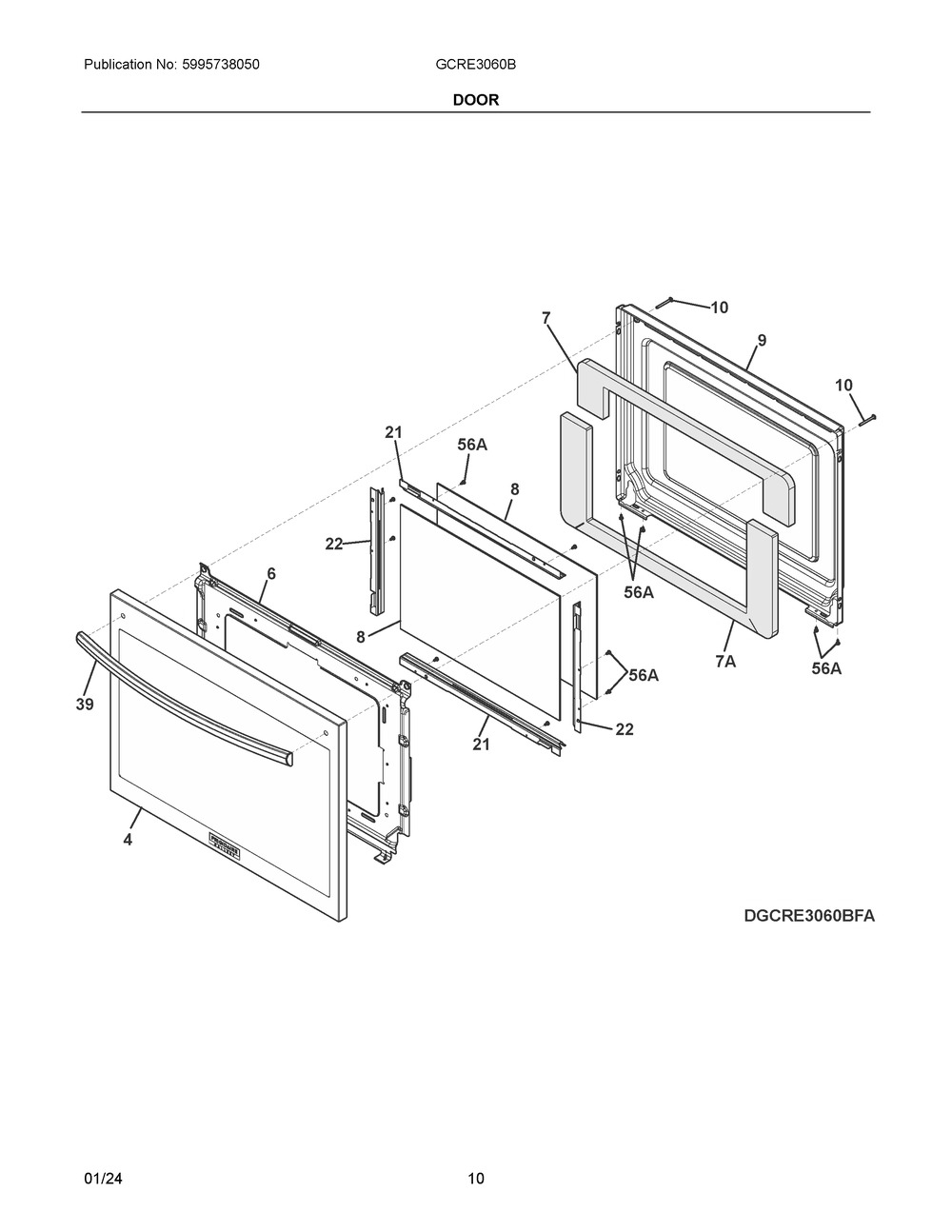 Door Diagram and Parts List for GCRE3060BFA  Frigidaire Range
