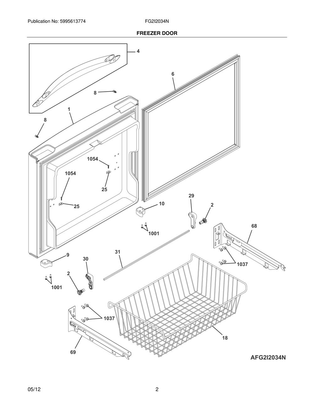 Freezer Door Diagram and Parts List for FG2I2034NR  Frigidaire Refrigerator