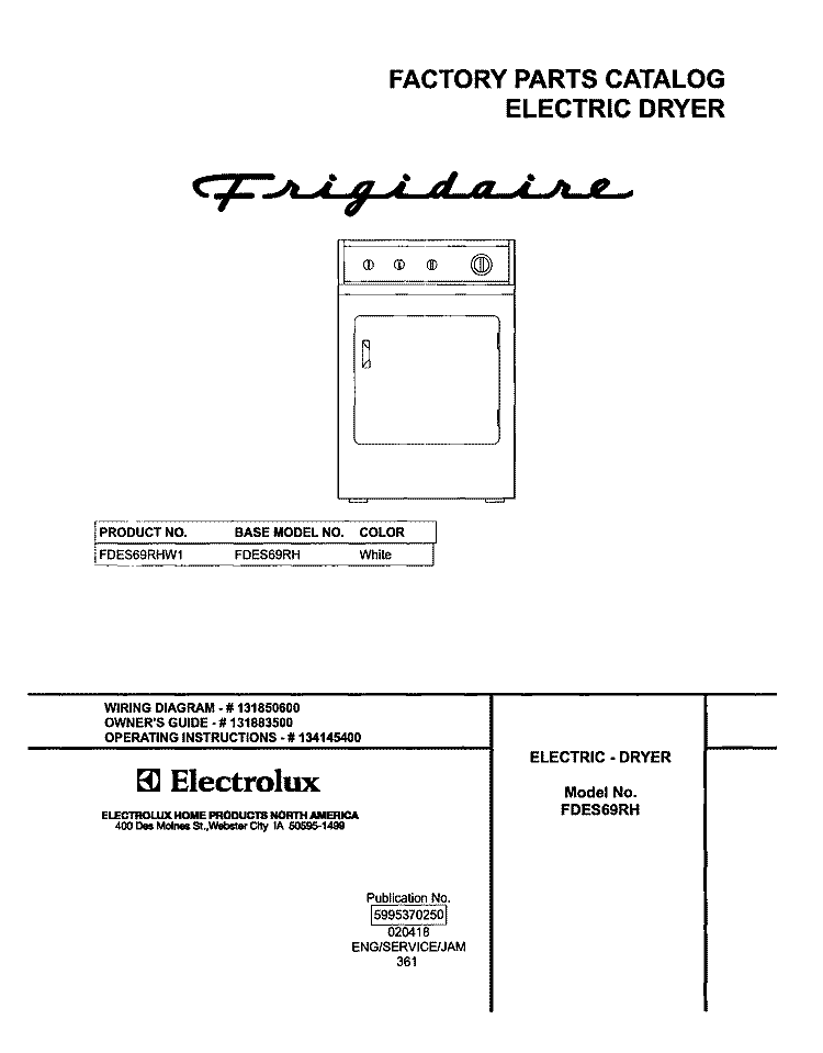 COVER Diagram and Parts List for FDES69RHW1  Frigidaire Dryer