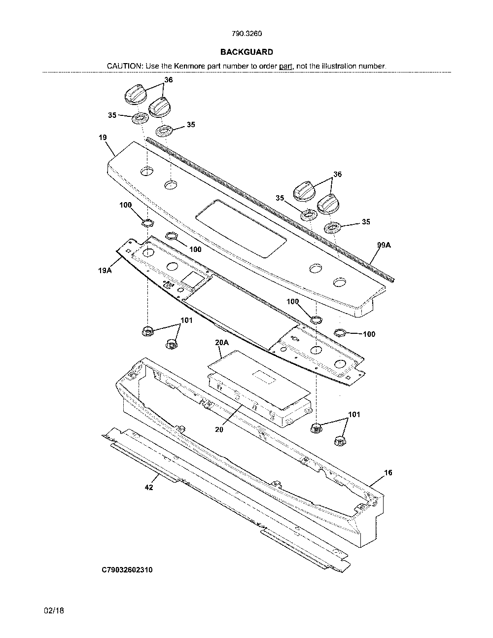 Backguard Diagram and Parts List for 79032602318  Kenmore Range