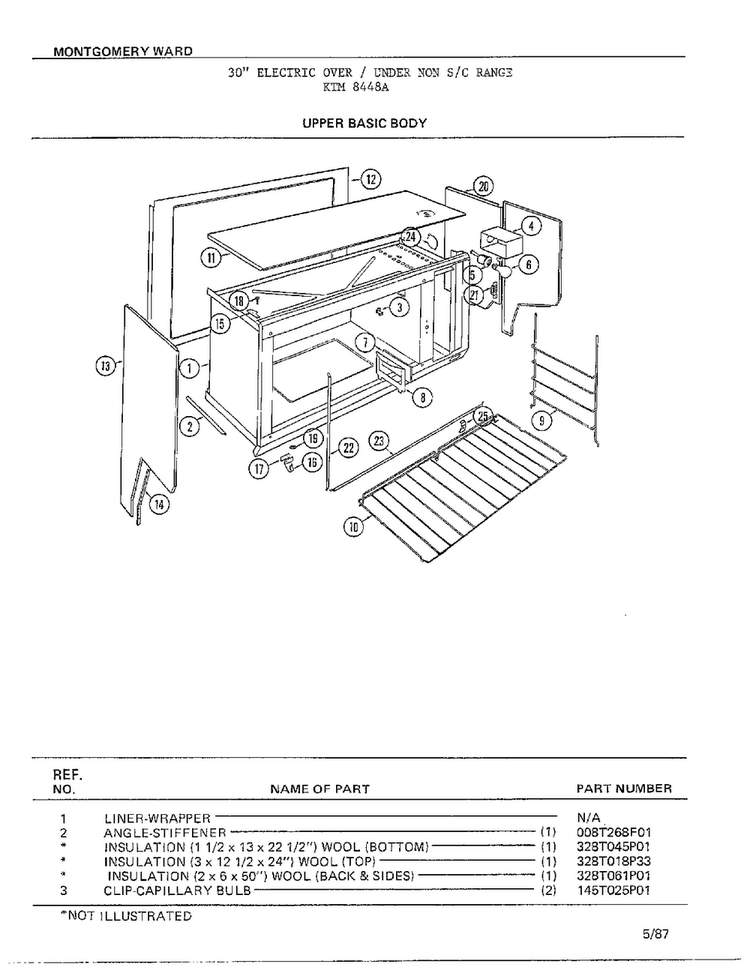 Upper Basic Body Diagram and Parts List for 8448A  Frigidaire Range