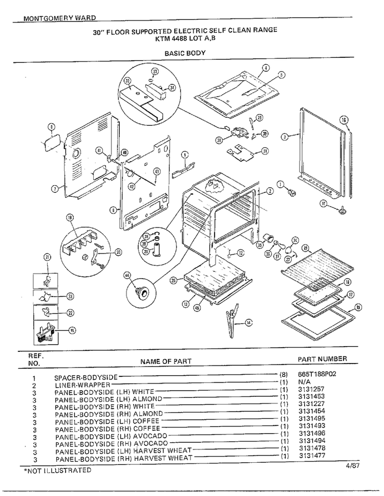 30" Floor/basic Body Diagram and Parts List for 4488B  Frigidaire Range