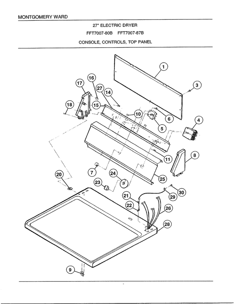 Console, Controls, Top Panel Diagram and Parts List for 7007B  Frigidaire Dryer