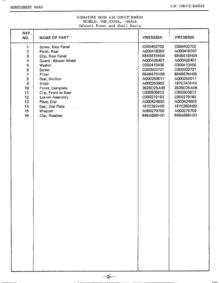 Cabinet Front/shell Page 2 Diagram and Parts List for 5330A  Frigidaire Air Conditioner