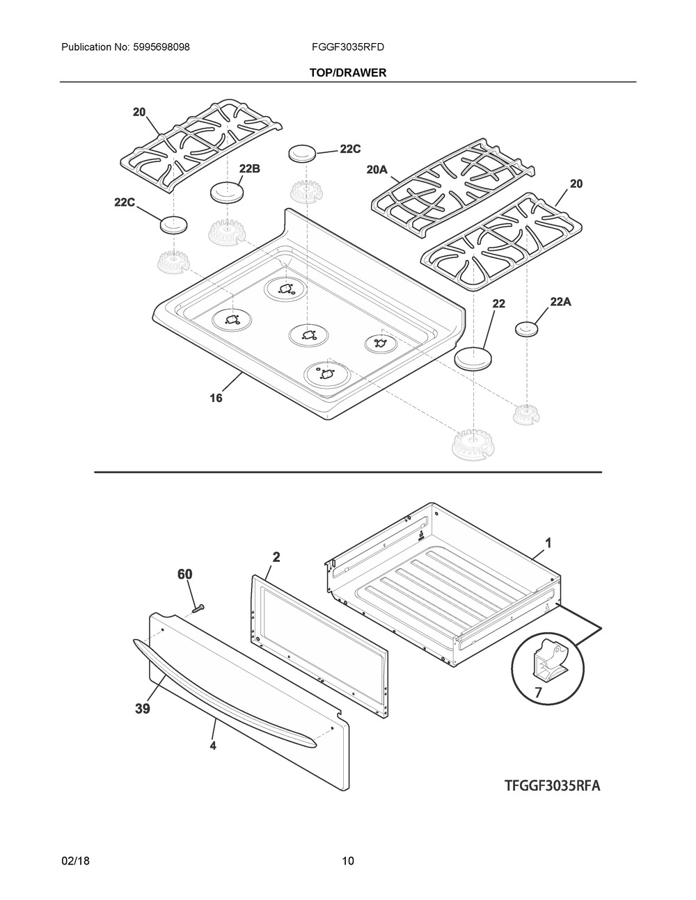 Top/drawer Diagram and Parts List for FGGF3035RFD  Frigidaire Range