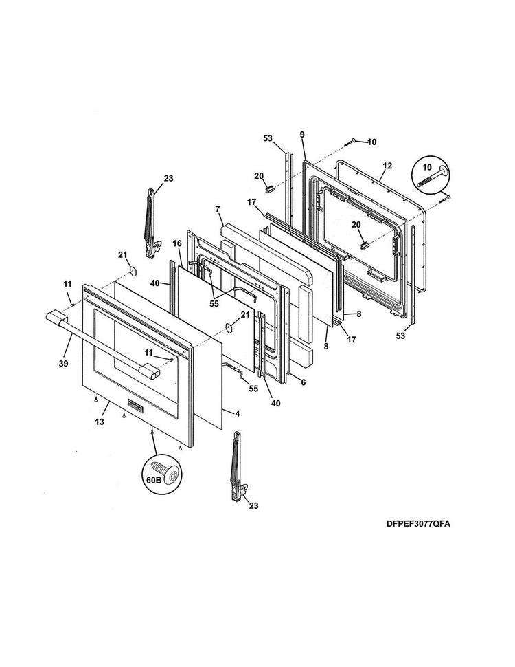 Door Diagram and Parts List for FPEF3077QFB  Frigidaire Range