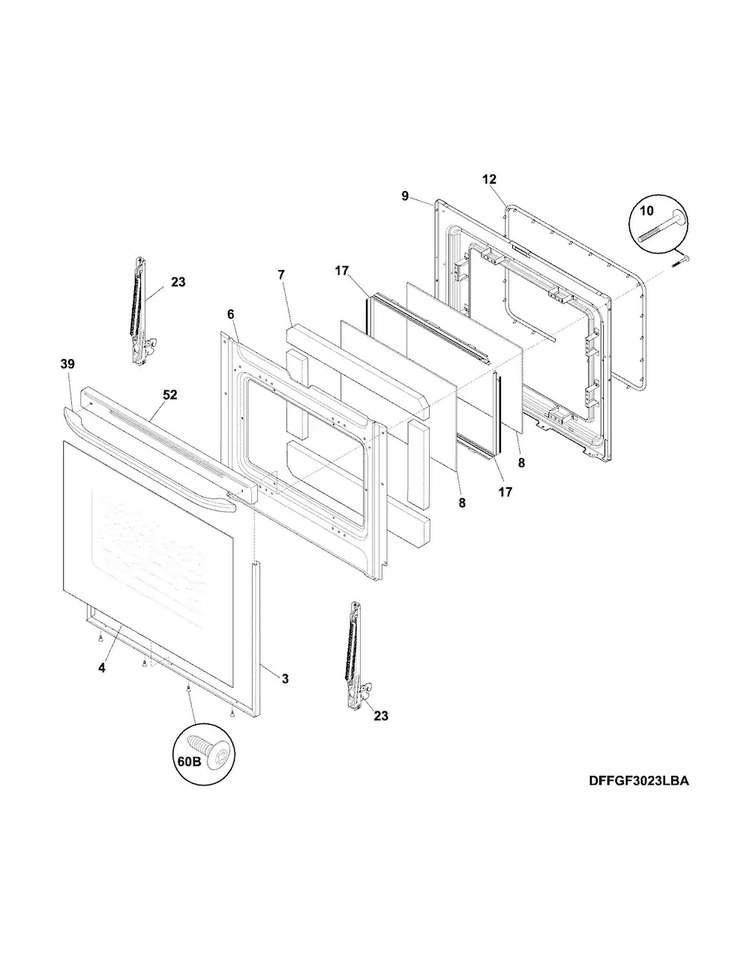 Door Diagram and Parts List for FFGF3023LWF  Frigidaire Range