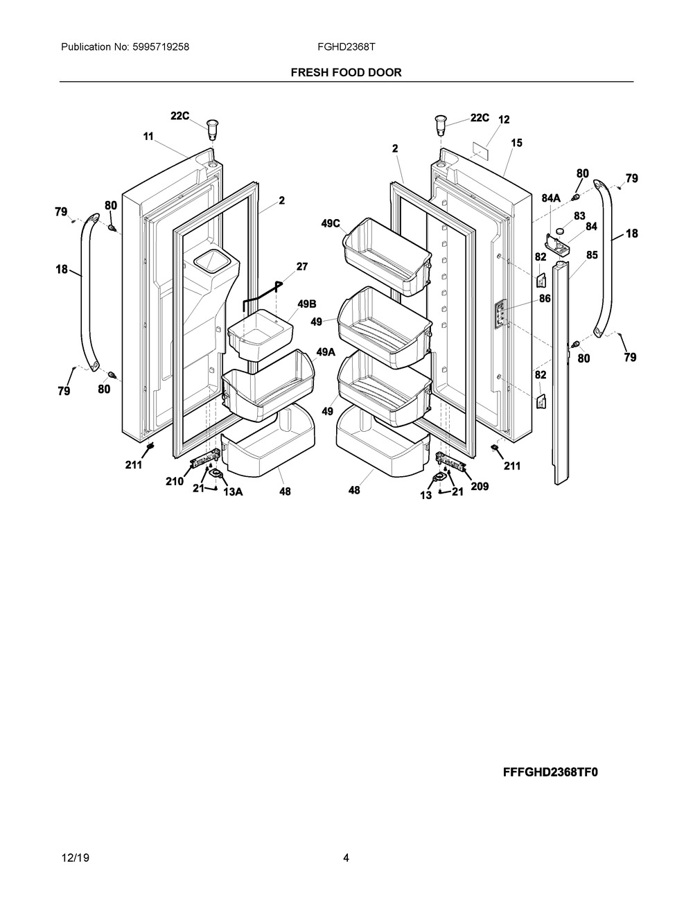 Fresh Food Door Diagram and Parts List for FGHD2368TF6  Frigidaire Refrigerator
