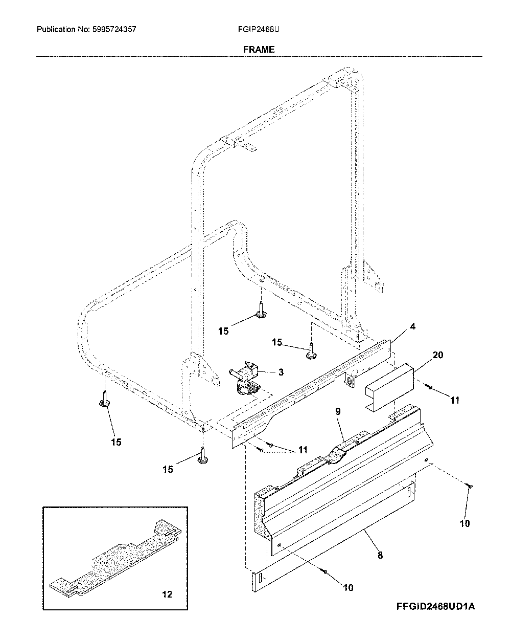 Frame Diagram and Parts List for FGIP2468UD2A  Frigidaire Dishwasher