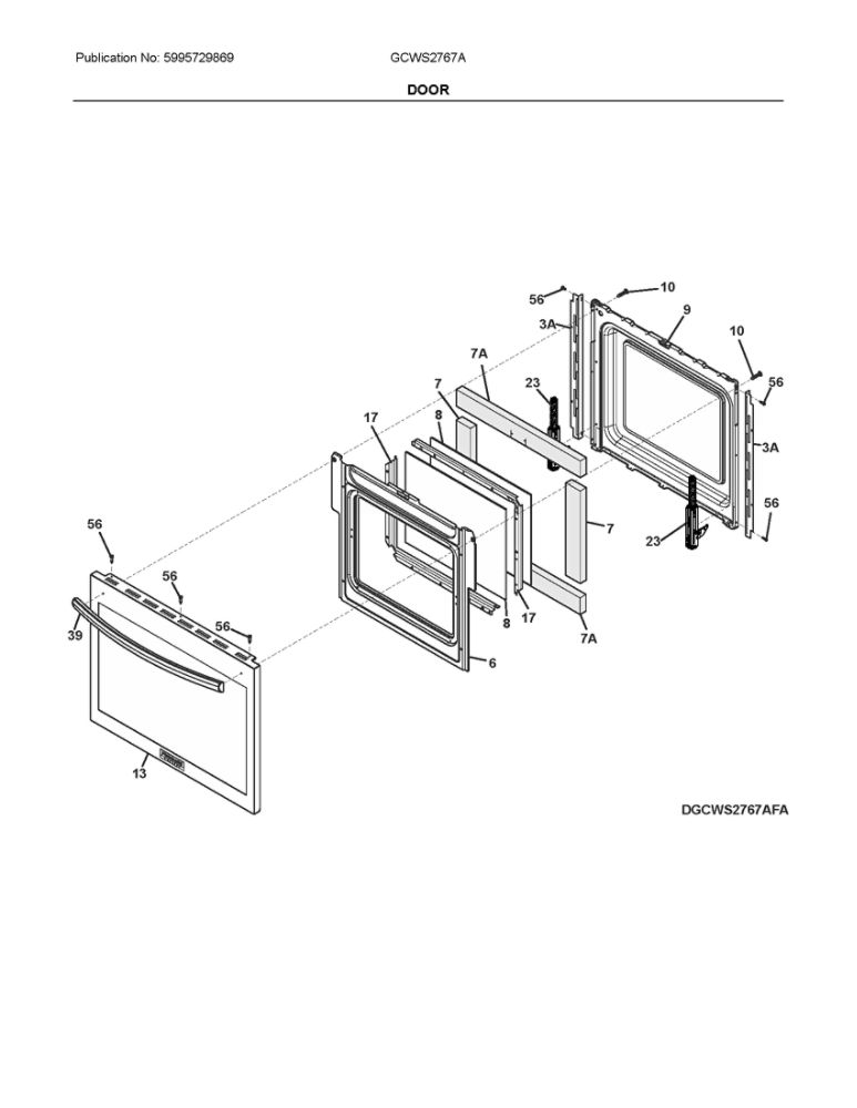Door Diagram and Parts List for GCWS2767ADD  Frigidaire Wall Oven