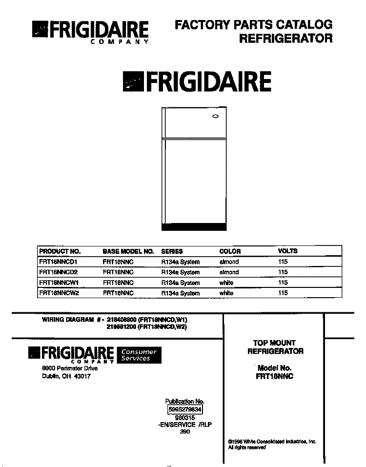 COVER Diagram and Parts List for FRT18NNCW1  Frigidaire Refrigerator