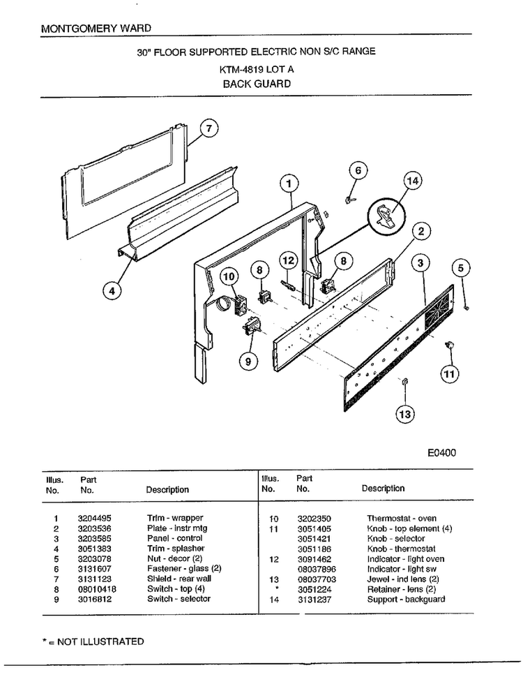 Range/ Backguard Diagram and Parts List for 4819A  Frigidaire Range