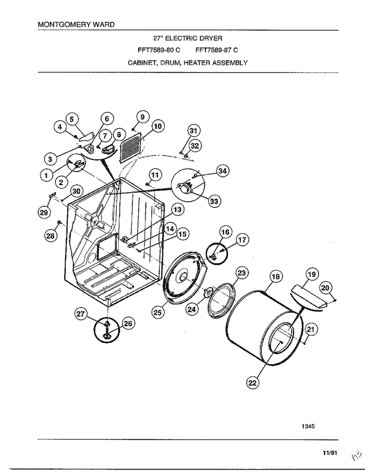 Cabinet/drum/heater Assembly Diagram and Parts List for 7589-80C  Frigidaire Dryer
