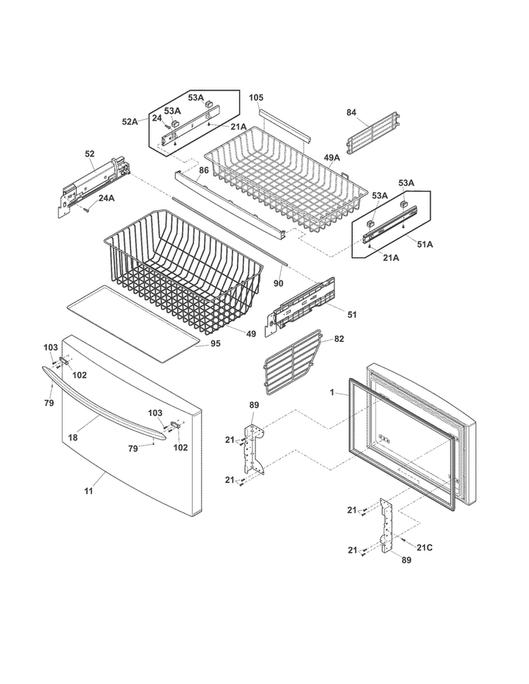 Freezer Drawer, Baskets Diagram and Parts List for FGHF2344MF7  Frigidaire Refrigerator