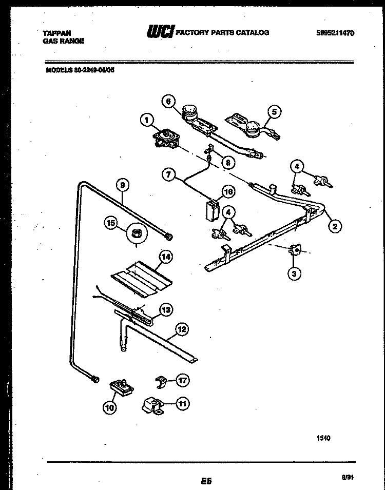 BURNER, MANIFOLD AND GAS CONTROL Diagram and Parts List for 30-2249-00-05  Tappan Range