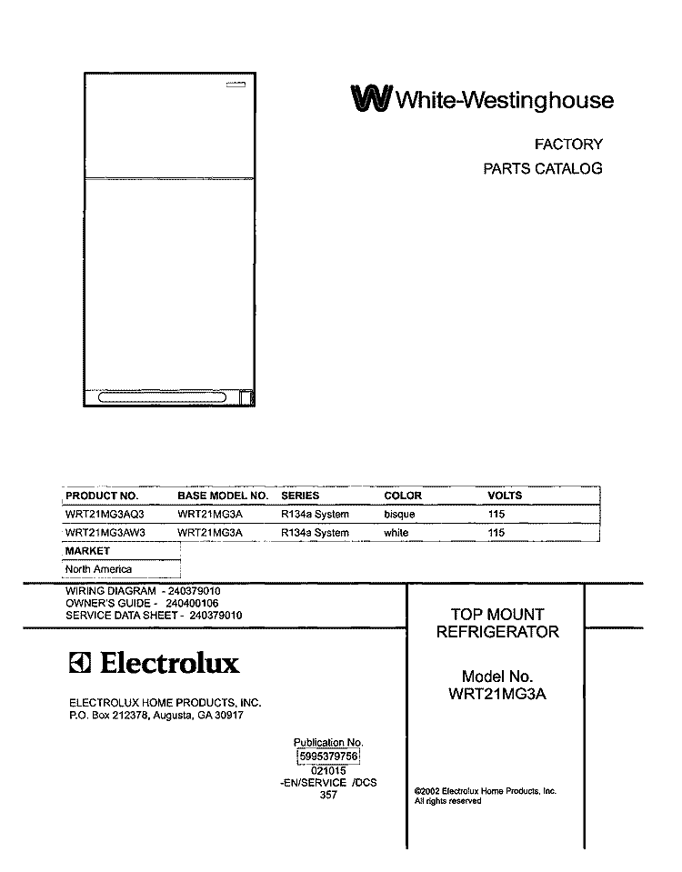 COVER Diagram and Parts List for WRT21MG3AQ3  Westinghouse Refrigerator