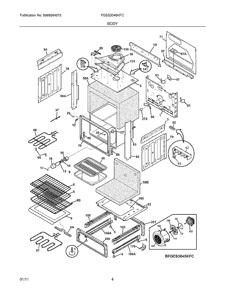 BODY Diagram and Parts List for FGES3045KFC  Frigidaire Wall Oven